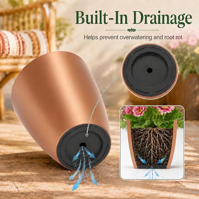 Neoaider Set of 2 Tall Planter, 21 inch Large Plastic Planter, Rose Gold | - Image 6