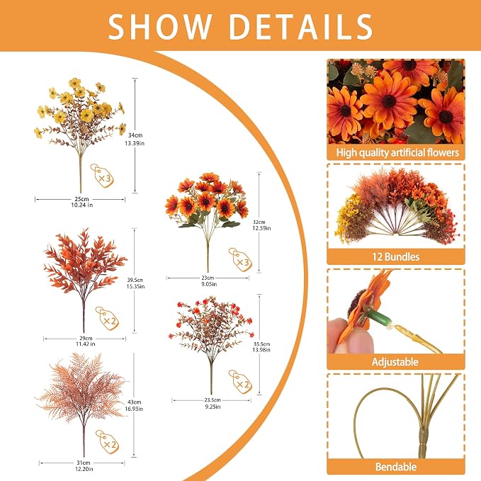 INQCMY Artificial Fall Flowers for Outdoor Porch Decoration - Image 2