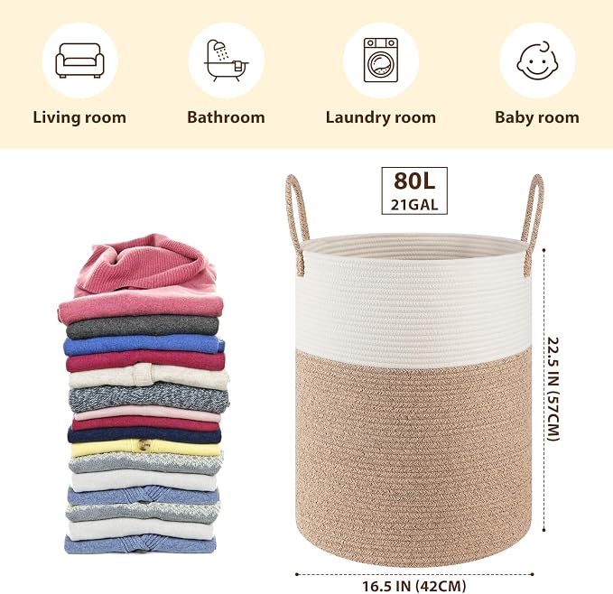 OIAHOMY 80L Nursery Hamper Laundry Basket Laundry Hamper Brown/White | - Image 2
