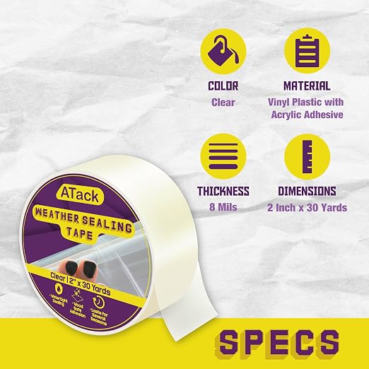 ATack Transparent Window Weather Sealing Tape, 2-Inch x 30 Yards, Surface-Safe - Image 2