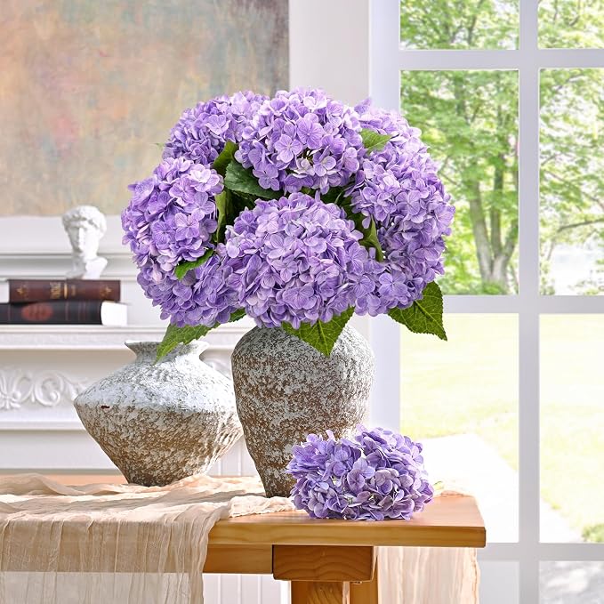 5 Pcs Purple Hydrangea Artificial Flowers, Latex Real Touch Faux Hydrangeas | - Image 6