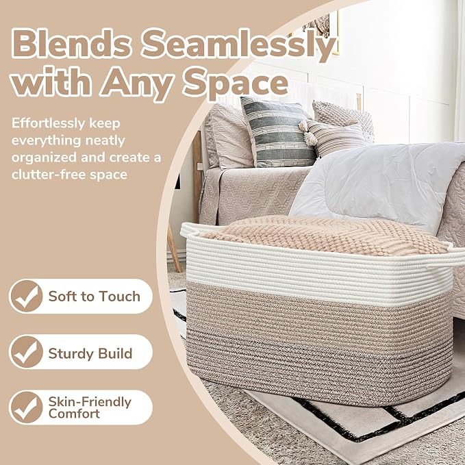 Goodpick Large Woven Rope Blanket Basket, Light Brown | 21.6'' x 14.9'' x - Image 5