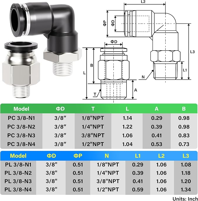 TAILONZ PNEUMATIC Elbow and Straight Combination 3/8 Inch Tube OD x 1/8 Inch - Image 2