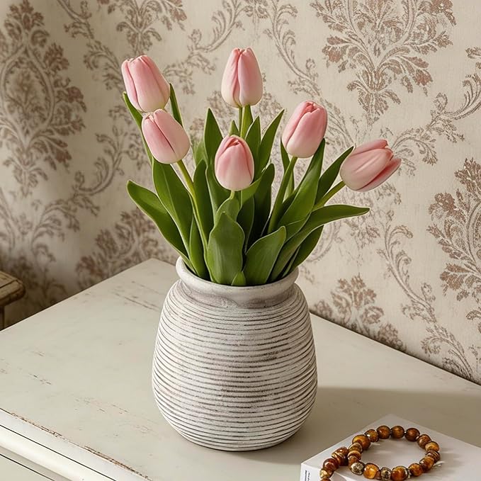 Ceramic Flower Vase, Rustic Farmhouse Decorative Vase Pottery Wide-Mouth Vases - Image 5