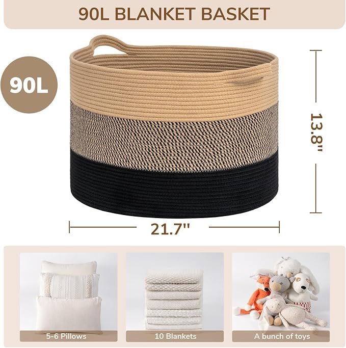 INDRESSME XXXLarge Woven Rope Blanket Basket Living Room, 90L | 21.7" x 13.8" - Image 3
