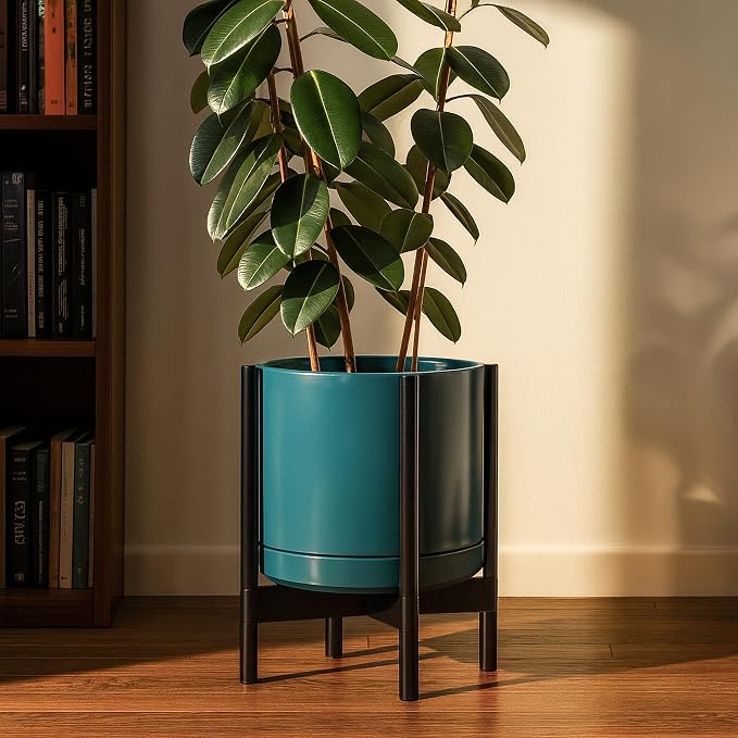 D'vine Dev Ceramic Pot with Ebony Wood Stand, 14 in, 55-B-S-4 | Mid-Century - Image 4