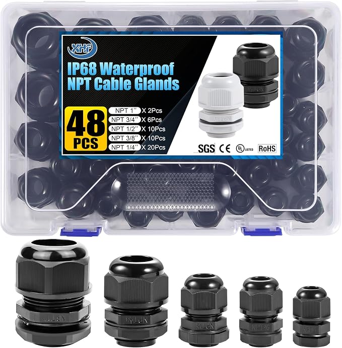 XHF IP68 Nylon Waterproof NPT Cable Glands Assortment 48pcs 1/4" by XHF