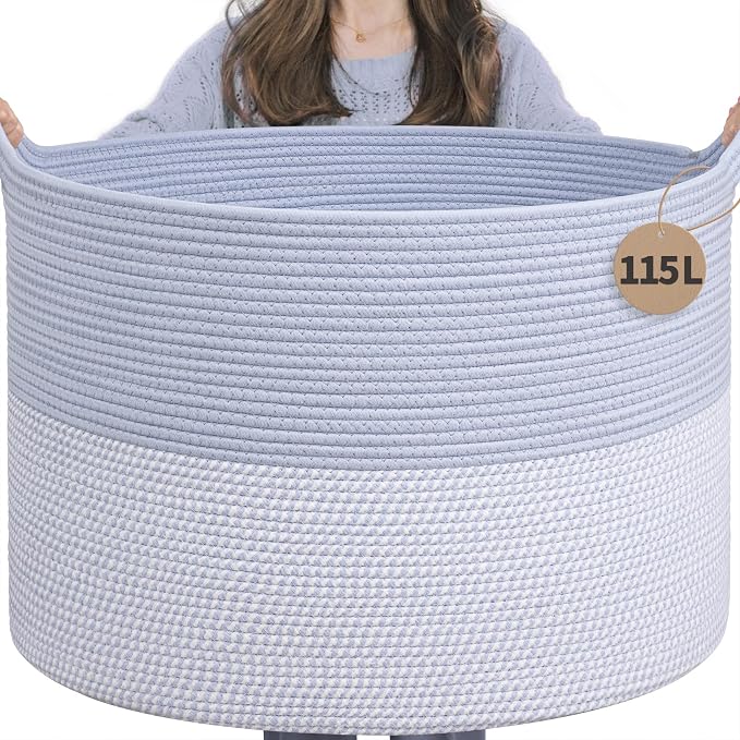 INDRESSME 115L Extra Large Woven Rope Blanket Basket Living Room Blue | 23.6" x by INDRESSME