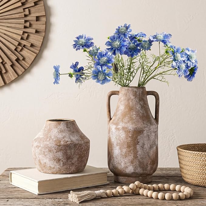 Ceramic Flower Vase with Handles, 11in Tall Rustic Vases - Image 5