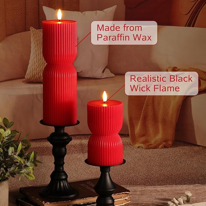 Red Ribbed Flameless Pillar Candles - Image 5