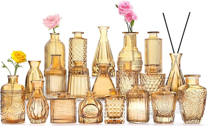 20 Pcs Amber Gold Glass Bud Vases- Set Amber Gold Small Vases by QLOFEI
