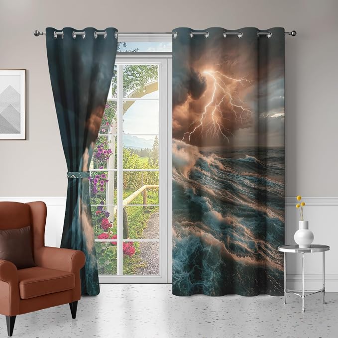 Thunderstorm Curtains for Bedroom Living Room Decor, Ocean Waves Blackout - Image 4