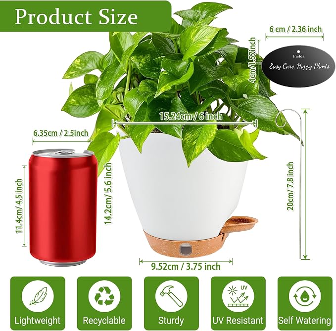 6" Self Watering Pots for Indoor Plants, Drainage Holes & Detachable Trays - Image 6