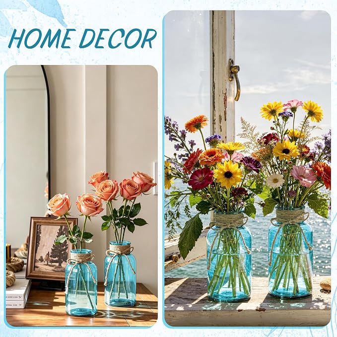 6 Pack Mason Jar Vases for Centerpieces, Aqua Blue Glass Flower Vase | Vintage - Image 7