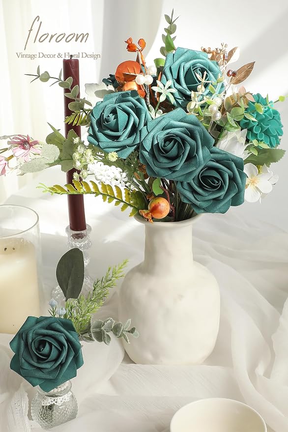 Artificial Flowers 25pcs Real Looking Dark Teal Foam Fake Roses - Image 2