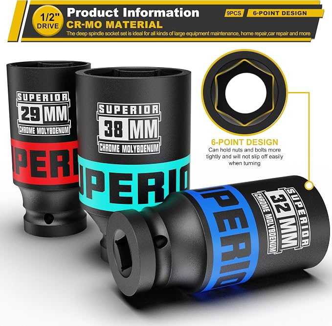 9 Piece 1/2" Drive Impact Socket Set, 29 mm-38 mm Axle Nut Socket, 6 Point - Image 4