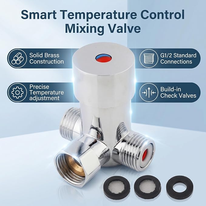 Thermostatic Mixing Valve for Shower & Sink – G1/2" NPT Solid Brass Hot and - Image 2