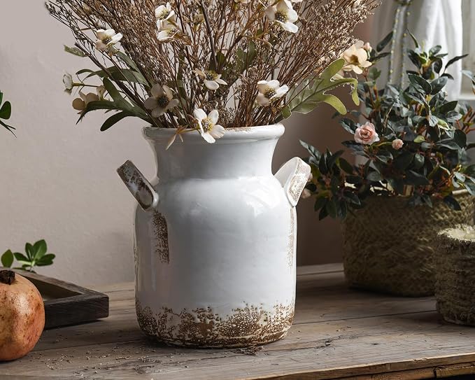 Quoowiit Ceramic Rustic Farmhouse Vase, Distressed Decorative Flower Vase - Image 3