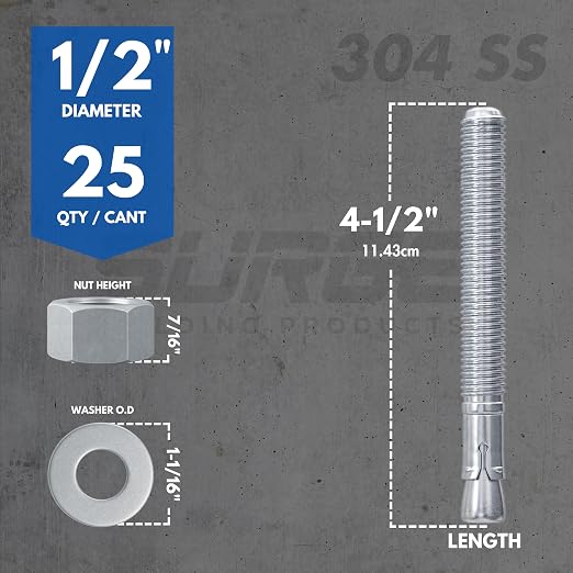 1/2" X 4-1/2" 304 Stainless Steel Wedge Anchors - Image 2