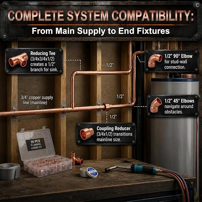 Yaocom 35 Pcs Copper Pipe Fittings Kit, 3/4" to 1/2" Plumbing Fitting Assortment - Image 5