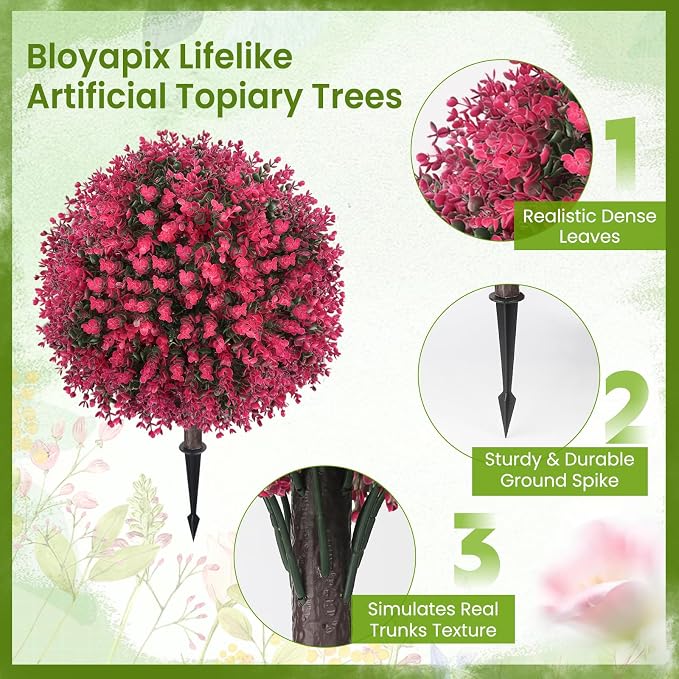 Artificial Red Eucalyptus Topiary Ball Tree, UV Resistant Faux Evergreen Trees - Image 5