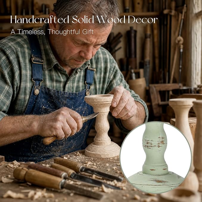 Wood Candle Holder for Pillar, Sage Green Farmhouse Decor | Set of 3, Table - Image 2