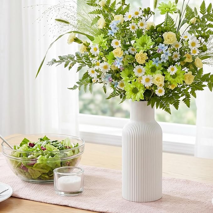 White Ceramic Vase, Modern Matte Ribbed Flower Vase - Image 3