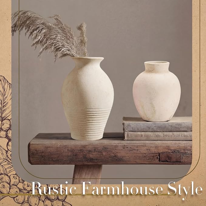 2 Pcs Rustic Farmhouse Vase Terracotta Clay Vase White Pottery Decorative - Image 3