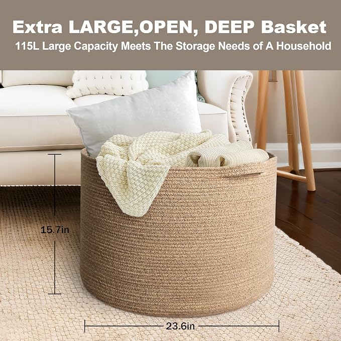115L Extra Large Storage Basket, 23.6"x15.7" Woven Cotton Rope Basket, Giant - Image 3