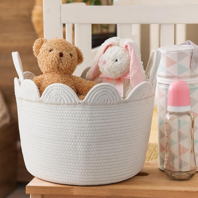 LemonRoad Round Woven Basket White, Cotton Rope Scalloped Edge Tassels - Image 4