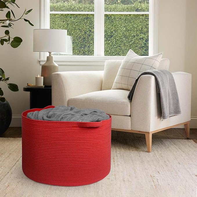 115L Extra Large Red Basket for Organizing, 23.6"x15.7" Jumbo Woven Cotton Rope - Image 4