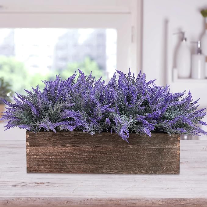Winlyn 14" Artificial Lavender Flowers Plants in Rectangular Wooden Planter Box - Image 6