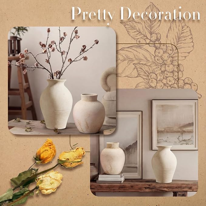 2 Pcs Rustic Farmhouse Vase Terracotta Clay Vase White Pottery Decorative - Image 4