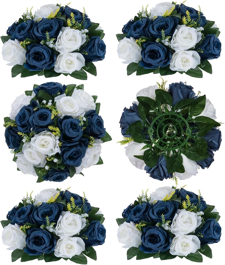 BLOSMON Flower Balls Table Centerpieces: 6 Pcs Fake Flowers Navy Blue White by Blosmon