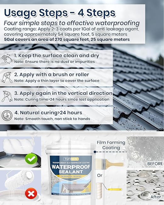 Waterproof Sealant 5 Gallon Clear, TUFINEIN Transparent Waterproof Coating - Image 3