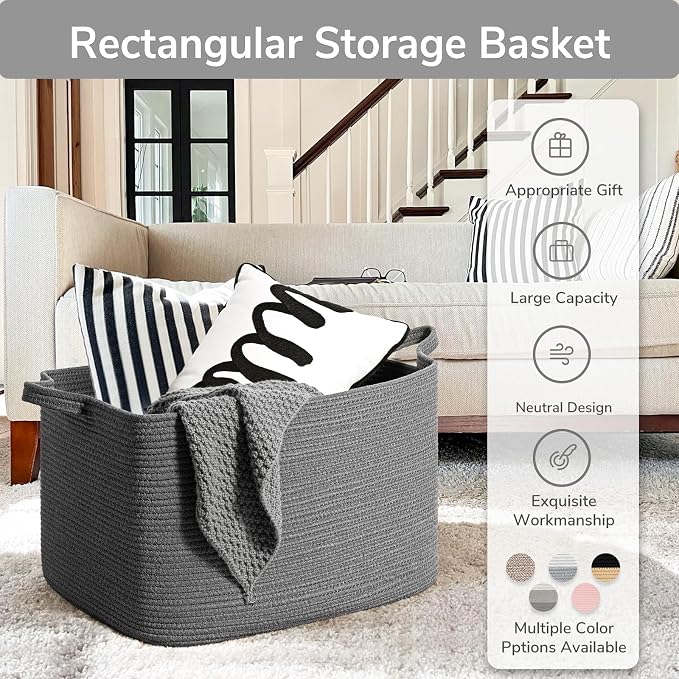 Goodpick 85L Large Woven Rope Blanket Basket, Dark Gray | 23.6'' x 15.7'' x - Image 7