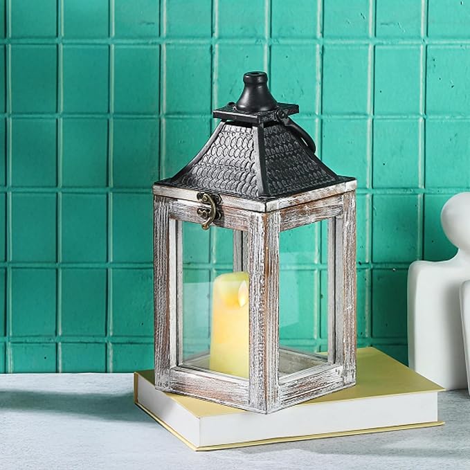 12" High Farmhouse Decorative Lantern, Glass and Metal, Distressed White Wood - Image 3