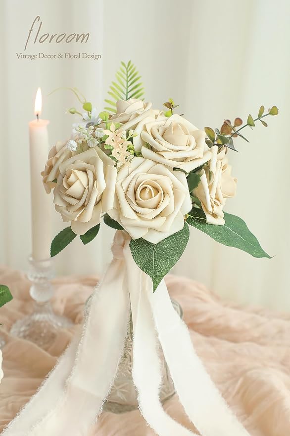 Artificial Flowers 25pcs Real Looking Beige Foam Fake Roses - Image 2