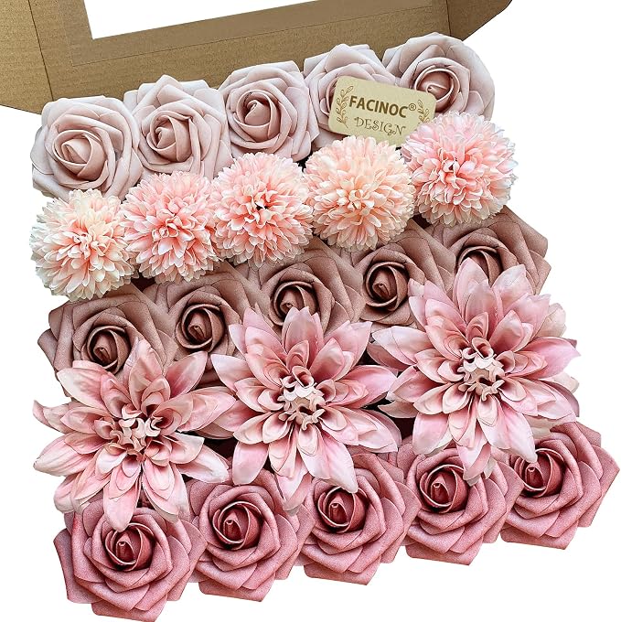 FACINOC Dusty Roses Artificial Flowers Pink Fake Flower Bulk Box Set | DIY by FACINOC