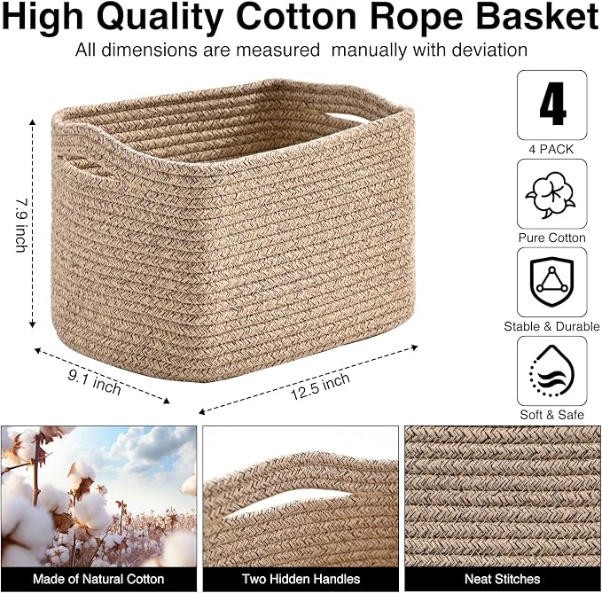ICERZCZ Small Storage Baskets for Shelves Organizing, Woven Cotton Rope Baskets - Image 3