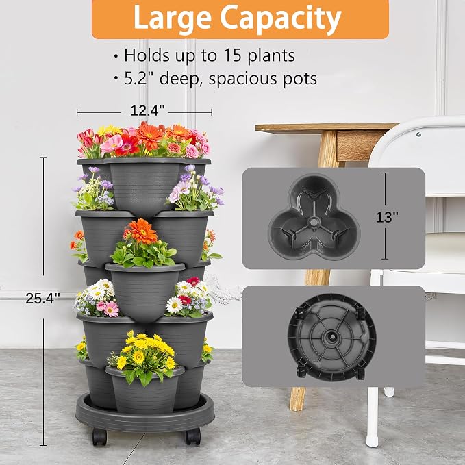 VECELO 5 Tier Vertical Garden Planter, Self Watering Stackable Planters - Image 5