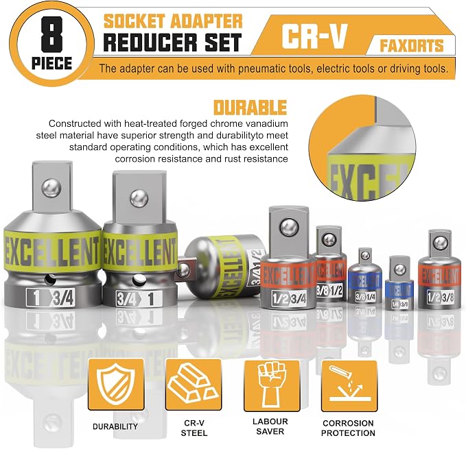 8 Piece Socket Adapter and Reducer Set, 1/4" 3/8" 1/2" 3/4" 1" Drive Impact - Image 4