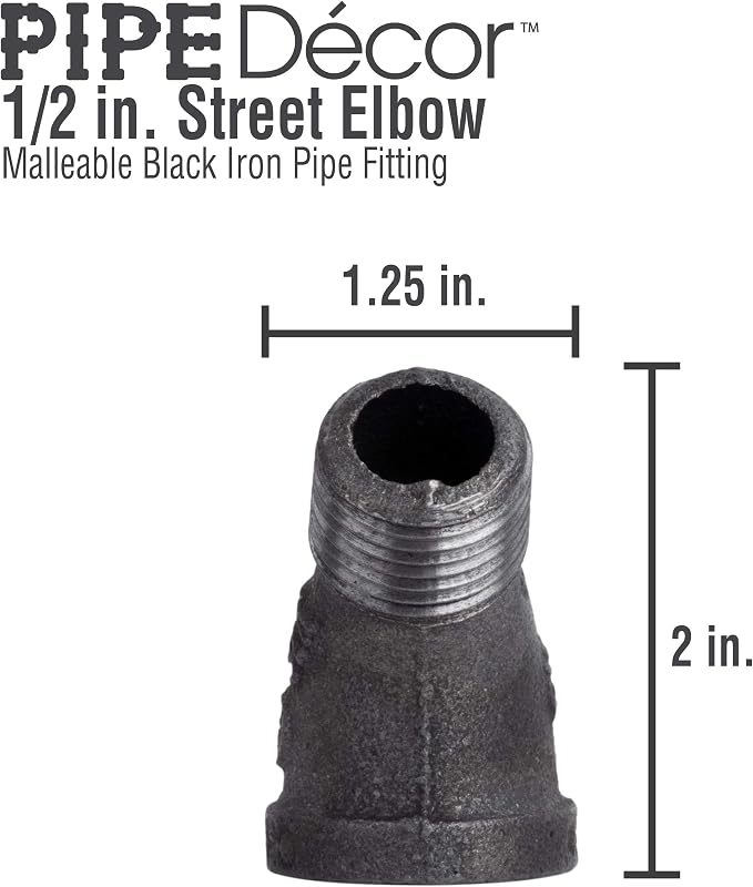 1/2" Street Elbow 45 Degree Fitting, PIPE DECOR Black Malleable Iron Fittings - Image 2
