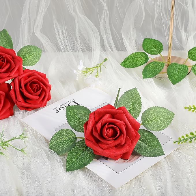AmyHomie Red Rose 25pcs Real Looking Artificial Flowers w/Stem | Bouquet - Image 7