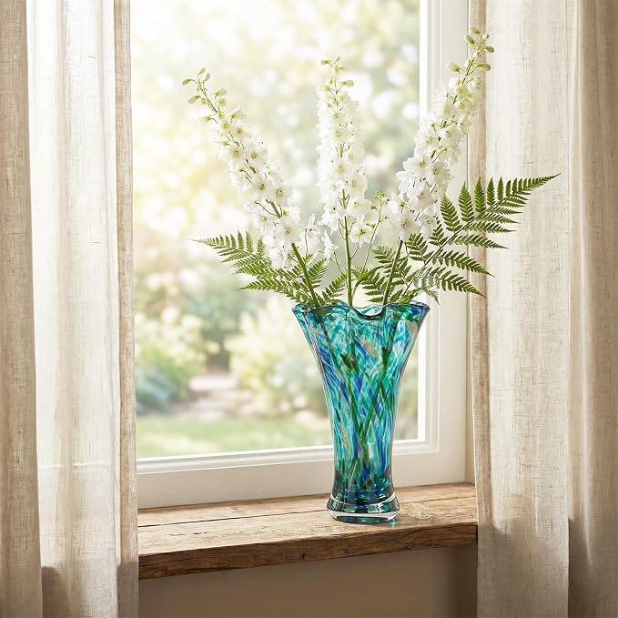 LCCCK 9.0" H Teal Glass Vases for Flower, Unique Hand Blown Glass Vase | Wide - Image 6