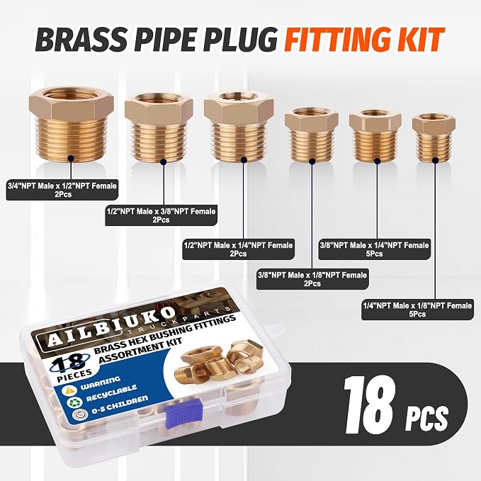 18PCS Brass Hex Reducer Bushing Fitting Kit, NPT Thread | 1/4" - Image 2