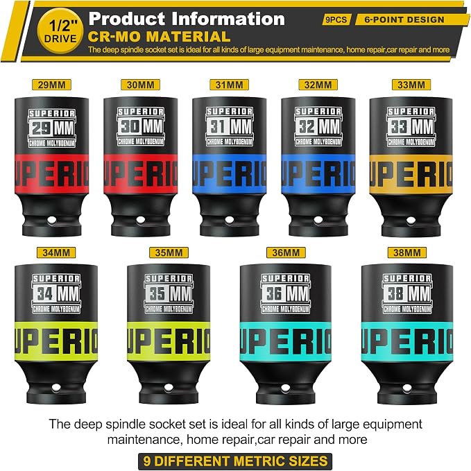 9 Piece 1/2" Drive Impact Socket Set, 29 mm-38 mm Axle Nut Socket, 6 Point - Image 2