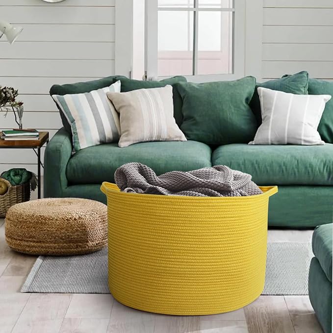 Extra Large Yellow Basket, 22” X 22” X 14” Cotton Rope Yellow Decor - Image 6