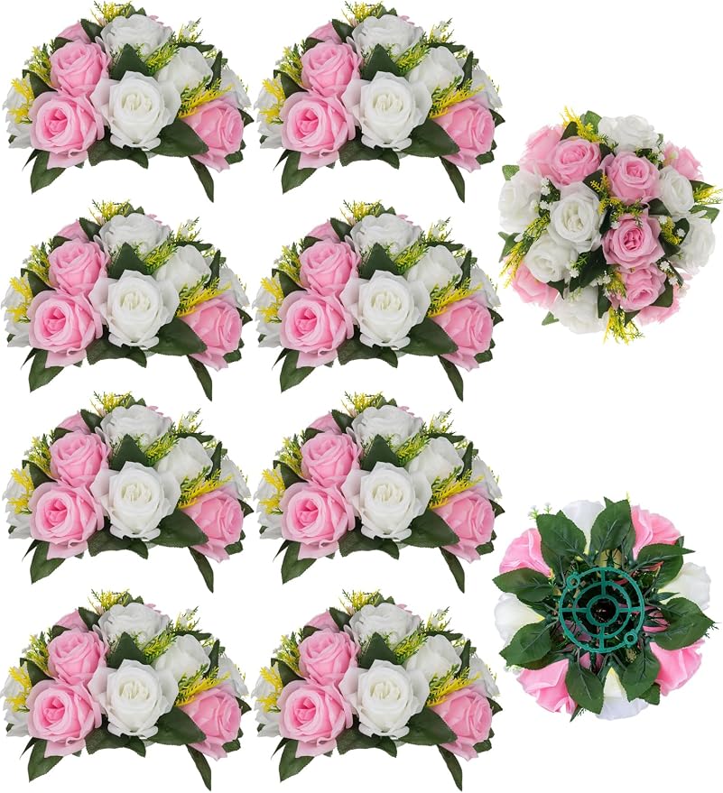 BLOSMON Flower Balls Wedding Centerpieces: 10 Pcs Pink White Fake Roses | 9.5 by Blosmon