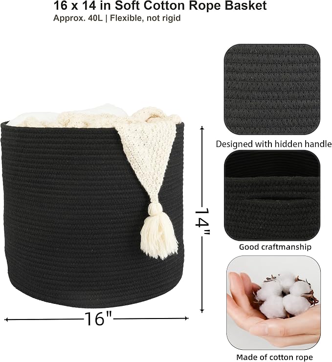 XUANGUO Cotton Rope Basket For Girls Boys Kids 16”X14” Black | Baby Laundry - Image 2